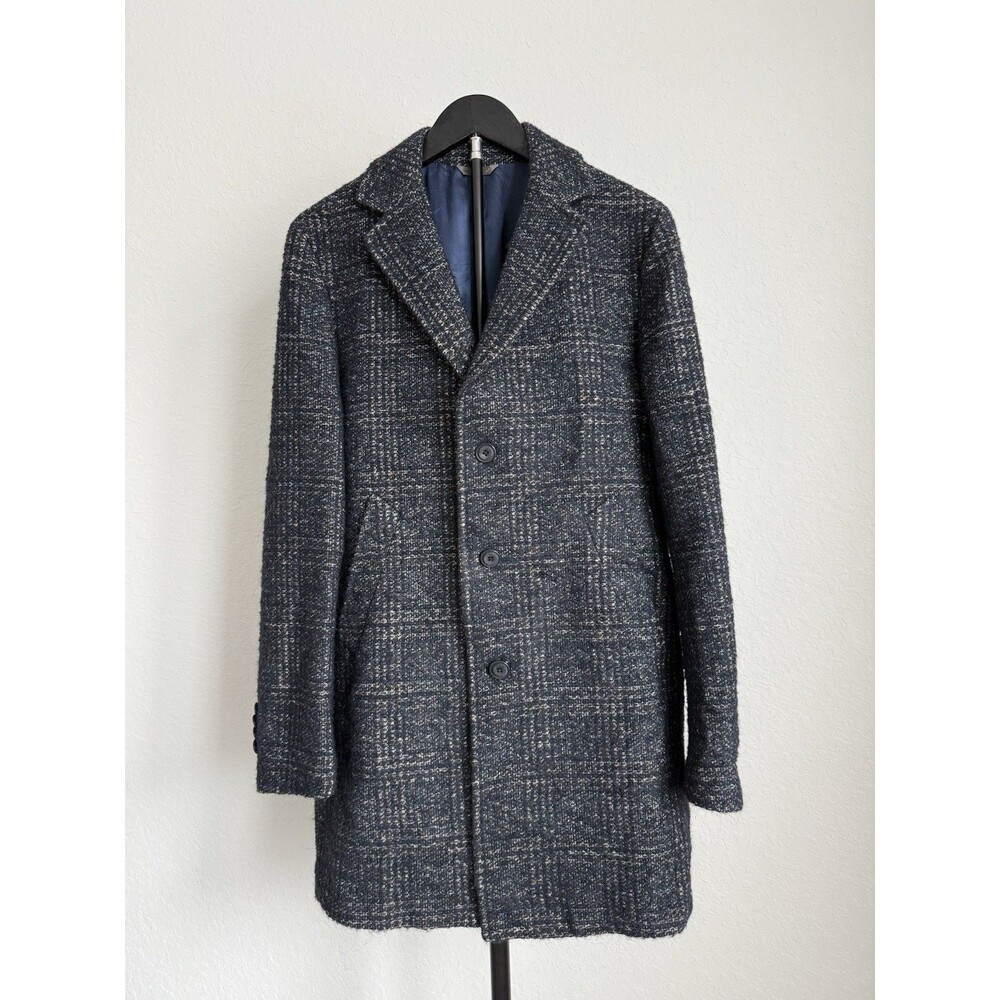 Manuel Ritz Mens 48T Navy Blue Plaid Wool Blend Single Breasted Pea Coat Jacket